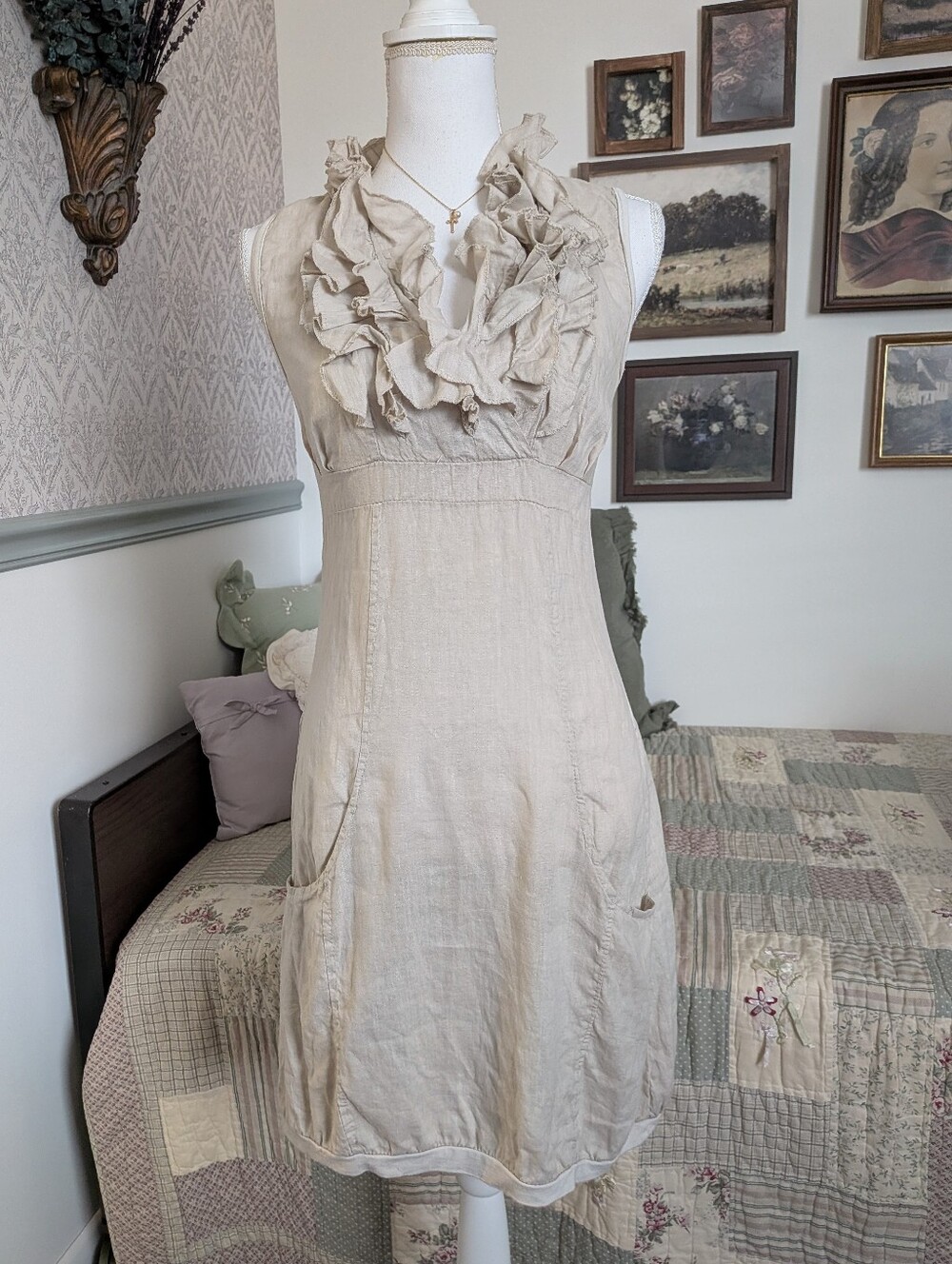 Made in Italy Linen Front Ruffle Bubble Hem Dress Stretch Back M